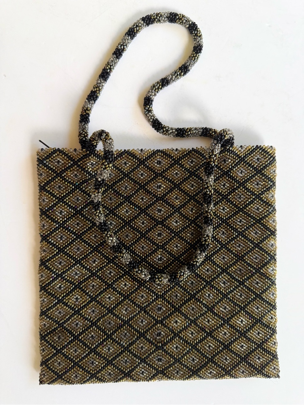 Vintage Bronze/Gold Silver Black Fully Beaded Mini Evening Bag Satin Lining